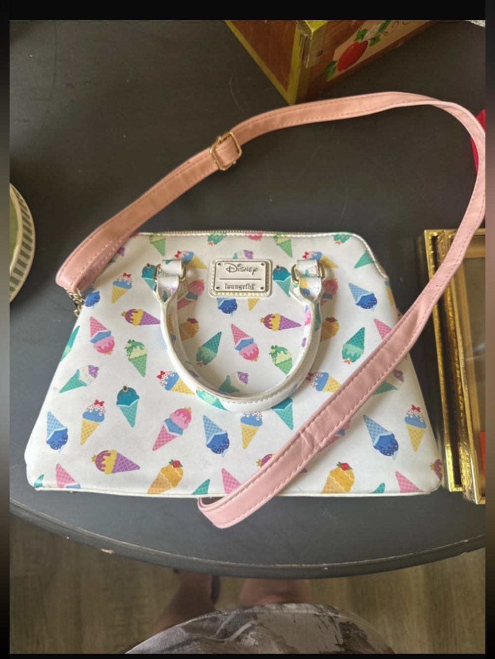 Disney Loungefly White Ice Cream Cone Crossbody Satchel with Pink Strap